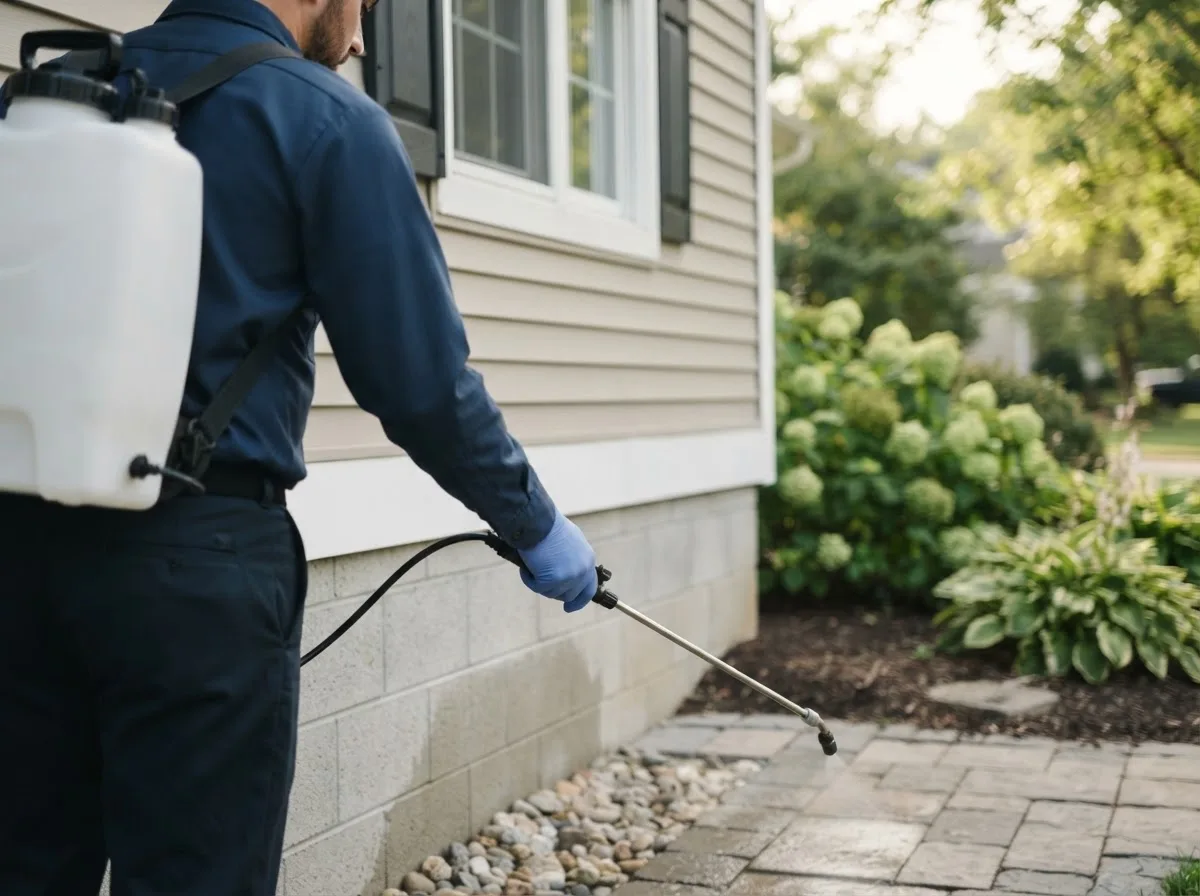 Pest control technician inspecting a home in Saint Paris, OH
